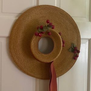 Vintage straw hat embellished with faux cherries